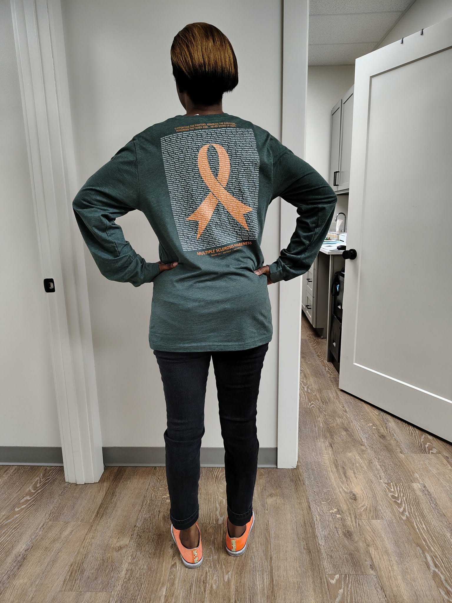 Supporter wearing a Multiple Sclerosis Awareness Story Shirt
